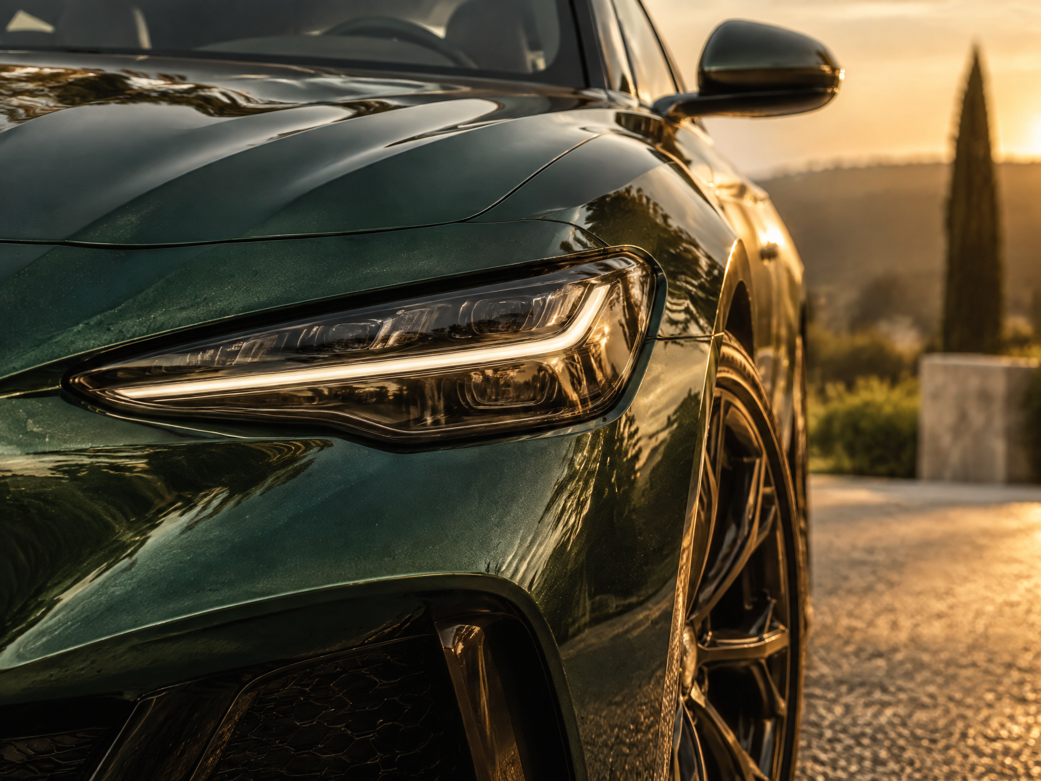 Front curve and headlight of a deep green luxury car at golden hour