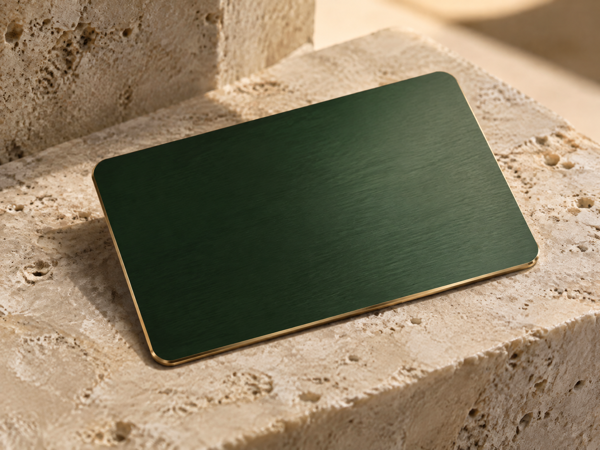 Deep green metal credit card with a brass edge resting on travertine stone